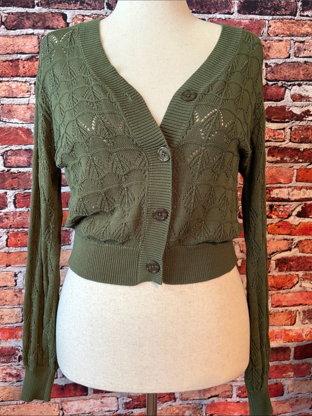 Women’s Olive Green V-Neck Openwork Button-Front Sweater Cardigan Small